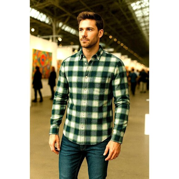 Abercrombie Fitch Large Muscle Button Up Plaid Shirt Green Navy White Cotton Men - Picture 1 of 10